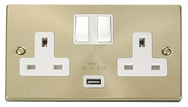 Click Deco Satin Brass USB Double Switched Socket VPSB770WH