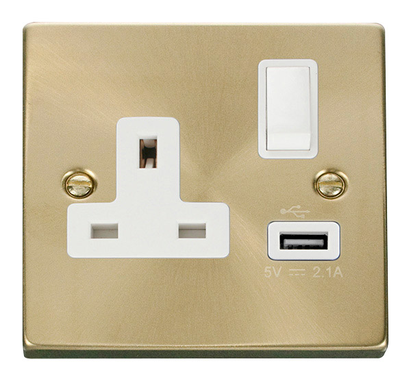 Click Deco Satin Brass USB Single Switched Socket VPSB771WH