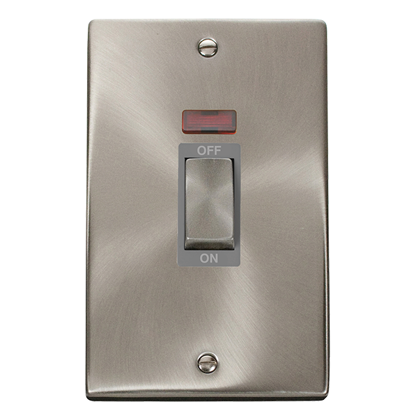 Click Deco Satin Chrome 2 Gang 45A Vertical Double Pole Switch with Neon VPSC503GY