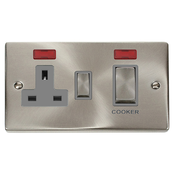 Click Deco Satin Chrome 45A Double Pole Switch with 13A Double Pole Switched Socket Outlet with Neon VPSC505GY