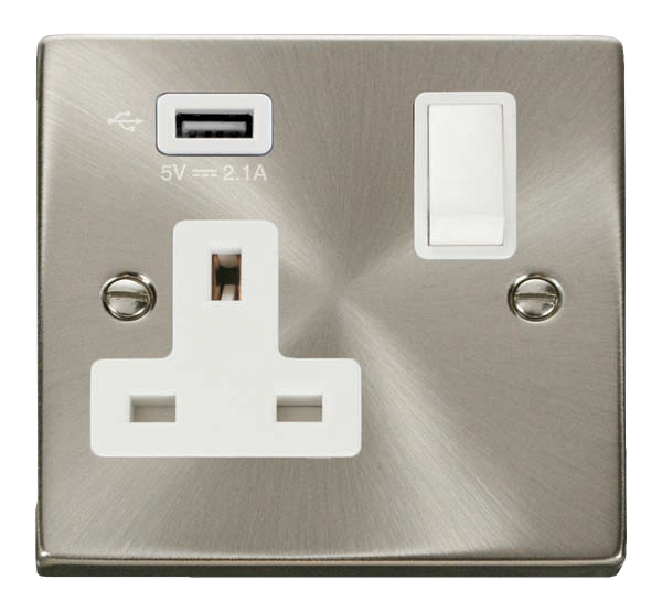 Click Deco Satin Chrome USB Single Switched Socket VPSC771UWH