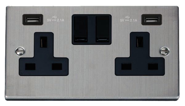 Click Deco Stainless Steel Twin USB Double Socket VPSS780BK