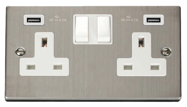 Click Deco Stainless Steel Twin USB Double Socket VPSS780WH