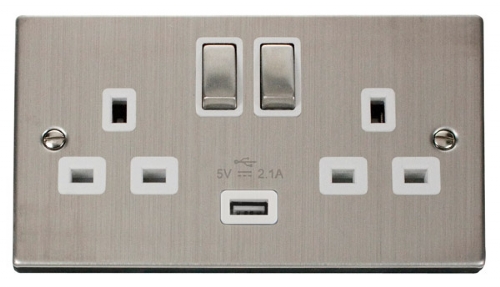 Click Deco Stainless Steel USB Double Switched Socket VPSS570WH