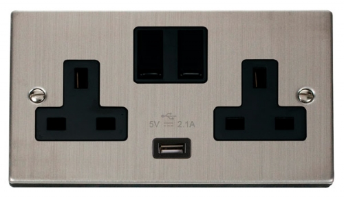 Click Deco Stainless Steel USB Double Switched Socket VPSS770BK