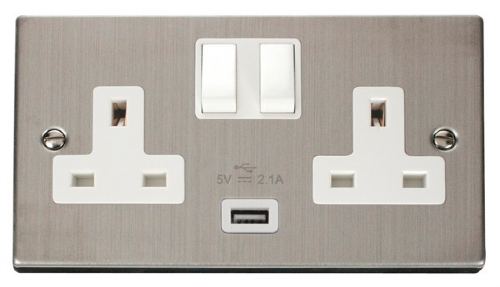 Click Deco Stainless Steel USB Double Switched Socket VPSS770WH