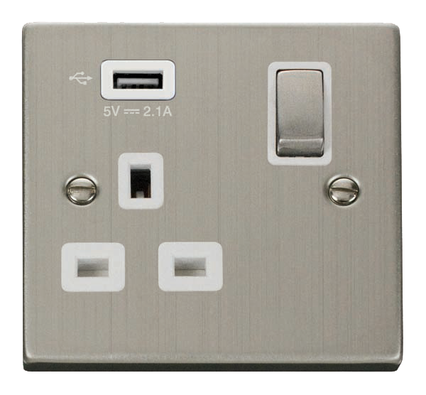 Click Deco Stainless Steel USB Single Switched Socket VPSS571UWH