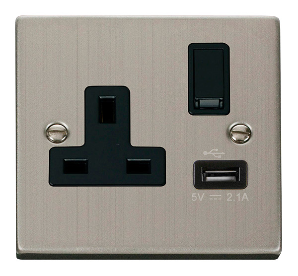 Click Deco Stainless Steel USB Single Switched Socket VPSS771BK