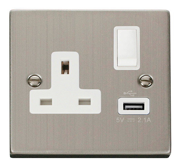 Click Deco Stainless Steel USB Single Switched Socket VPSS771WH