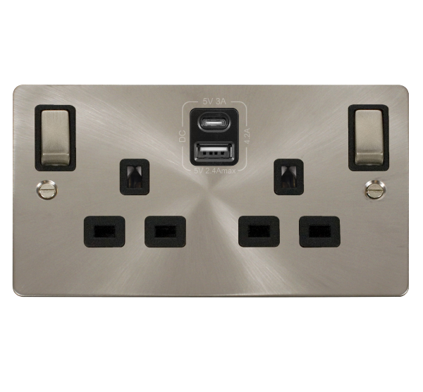 Click Define Brushed Steel Type A & C USB Double Socket FPBS586BK