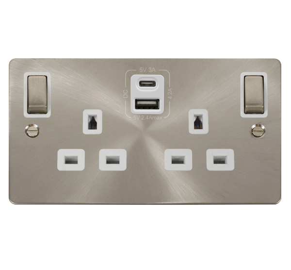 Click Define Brushed Steel Type A & C USB Double Socket FPBS586WH