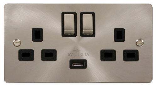 Click Define Brushed Steel USB Double Switched Socket FPBS570BK