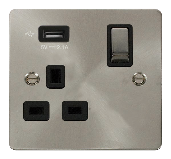 Click Define Brushed Steel USB Single Switched Socket FPBS571UBK
