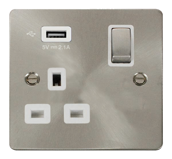 Click Define Brushed Steel USB Single Switched Socket FPBS571UWH