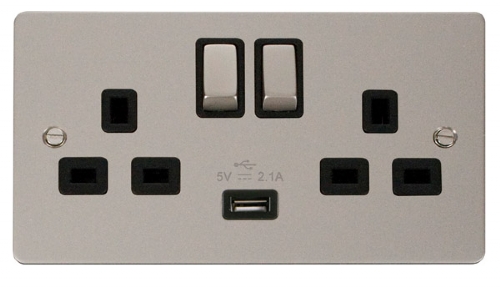 Click Define Pearl Nickel USB Double Switched Socket FPPN570BK