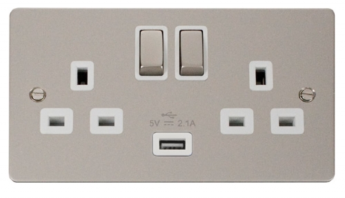 Click Define Pearl Nickel USB Double Switched Socket FPPN570WH