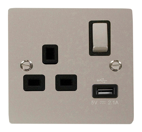 Click Define Pearl Nickel USB Single Switched Socket FPPN571BK