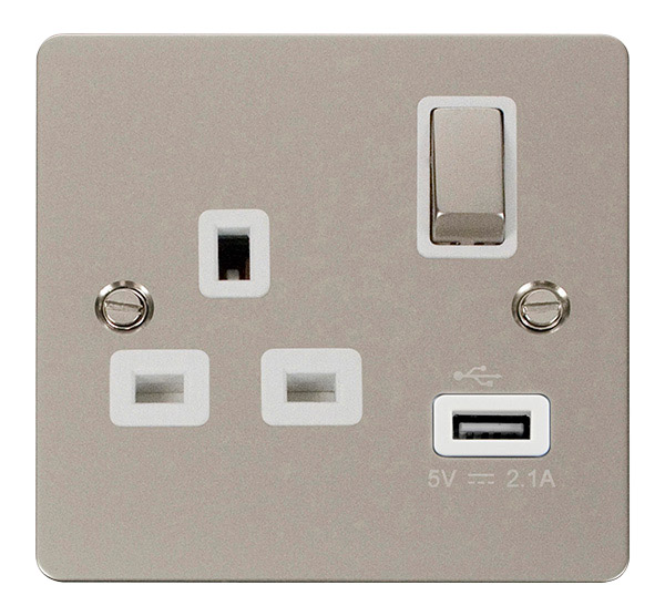 Click Define Pearl Nickel USB Single Switched Socket FPPN571WH