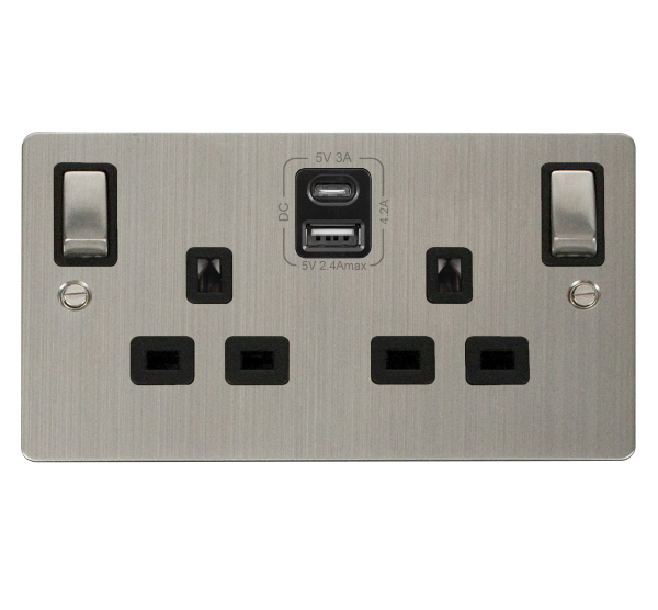 Click Define Stainless Steel Type A & C USB Double Socket FPSS586BK