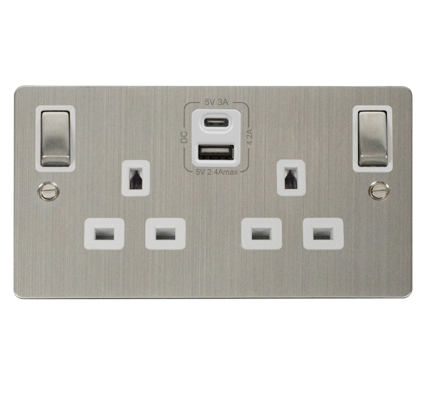 Click Define Stainless Steel Type A & C USB Double Socket FPSS586WH