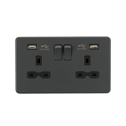 Knightsbridge Screwless Flat Plate Anthracite 13A Dual USB Double Switched Socket SFR9224AT