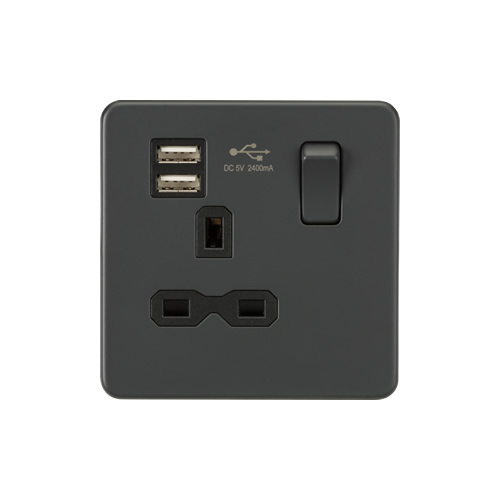 Knightsbridge Screwless Flat Plate Anthracite 13A Dual USB Single Switched Socket SFR9124AT