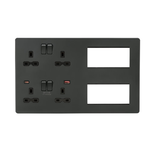Knightsbridge Screwless Flat Plate Anthracite Combination Plate with Dual USB FASTCHARGE A+C SFR998AT