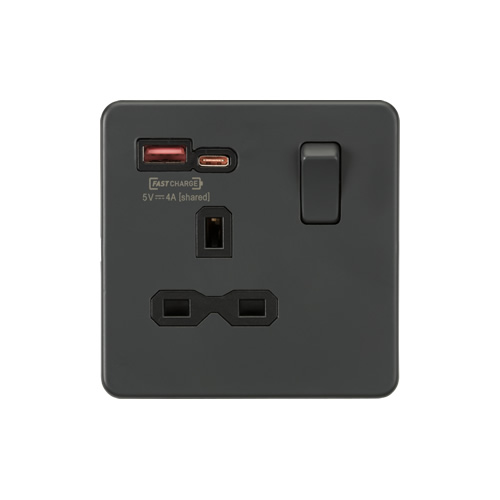 Knightsbridge Screwless Flat Plate Anthracite 13A Dual USB Type A & C FastCharge Single Switched Socket SFR9919AT