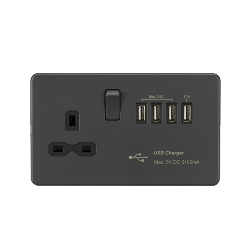 Knightsbridge Screwless Flat Plate Anthracite 13A Switched Socket with Quad USB SFR7USB4AT