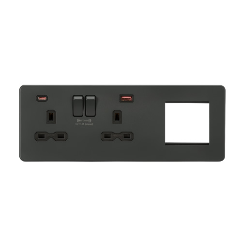 Knightsbridge Screwless Flat Plate Anthracite 13A 2G DP Socket with USB Fastcharge + 2G Modular Combination Plate SFR992LAT