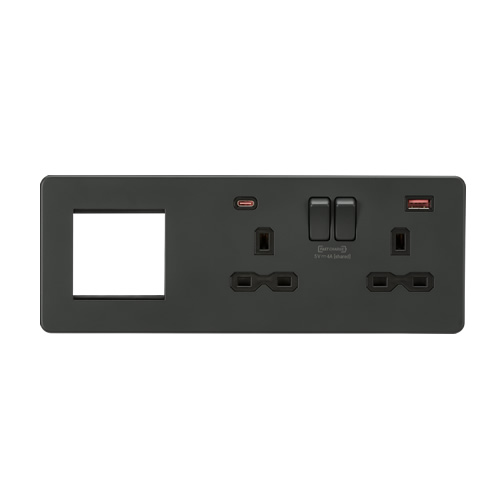 Knightsbridge Screwless Flat Plate Anthracite 13A 2G DP Socket with USB Fastcharge + 2G Modular Combination Plate SFR992RAT