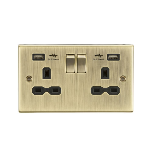 Knightsbridge Antique Brass 13A Dual USB Double Socket CS9224AB