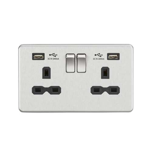 Knightsbridge Screwless Flat Plate Brushed Chrome 13A Dual USB Double Switched Socket SFR9224BC