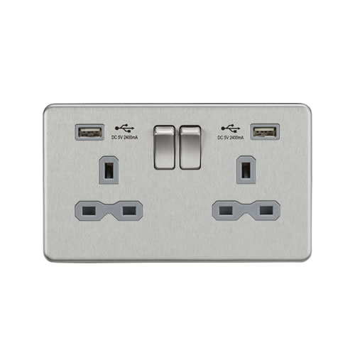 Knightsbridge Screwless Flat Plate Brushed Chrome 13A Dual USB Double Switched Socket SFR9224BCG