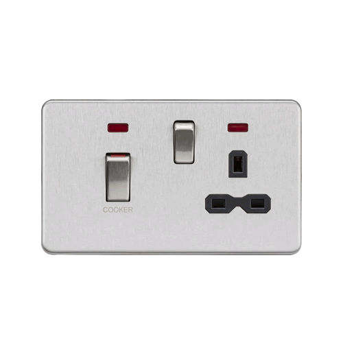 Knightsbridge Screwless Flat Plate Brushed Chrome 45A Double Pole Switch with 13A Switched Socket with Neons SFR83MNBC