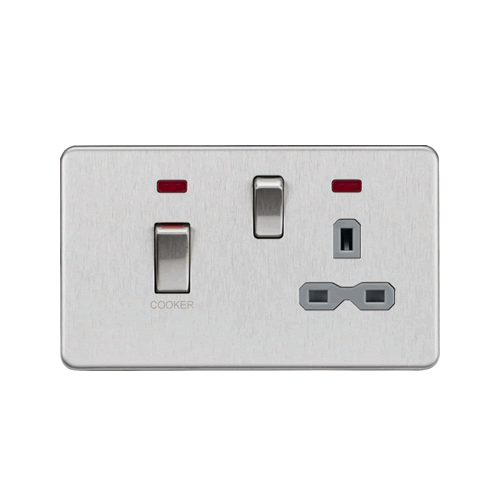 Knightsbridge Screwless Flat Plate Brushed Chrome 45A Double Pole Switch with 13A Switched Socket with Neons SFR83MNBCG