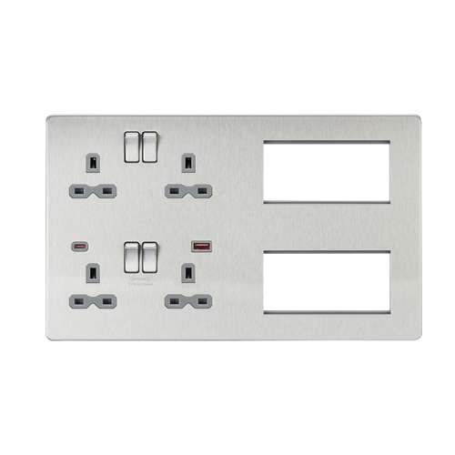 Knightsbridge Screwless Flat Plate Brushed Chrome Combination Plate with Dual USB FASTCHARGE A+C SFR998BCG