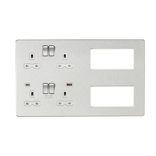 Knightsbridge Screwless Flat Plate Brushed Chrome Combination Plate with Dual USB FASTCHARGE A+C SFR998BCW