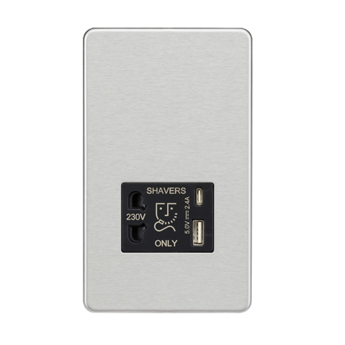 Knightsbridge Screwless Flat Plate Brushed Chrome 115/230V Dual Voltage Shaver Socket with Dual USB A+C SF8909BC