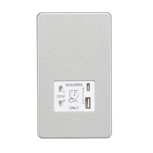Knightsbridge Screwless Flat Plate Brushed Chrome 115/230V Dual Voltage Shaver Socket with Dual USB A+C SF8909BCW