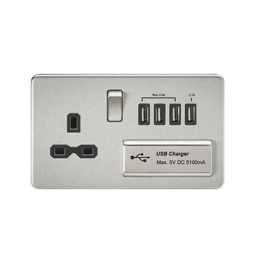 Knightsbridge Screwless Flat Plate Brushed Chrome 13A Switched Socket with Quad USB with Black Insert SFR7USB4BC