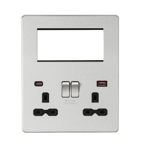 Knightsbridge Screwless Flat Plate Brushed Chrome Small Multimedia Combination Plate with FASTCHARGE USB SFR994BC