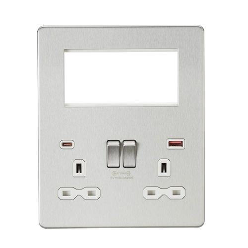 Knightsbridge Screwless Flat Plate Brushed Chrome Small Multimedia Combination Plate with FASTCHARGE USB SFR994BCW