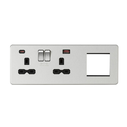 Knightsbridge Screwless Flat Plate Brushed Chrome 13A 2G DP Socket with USB Fastcharge + 2G Modular Combination Plate SFR992LBC