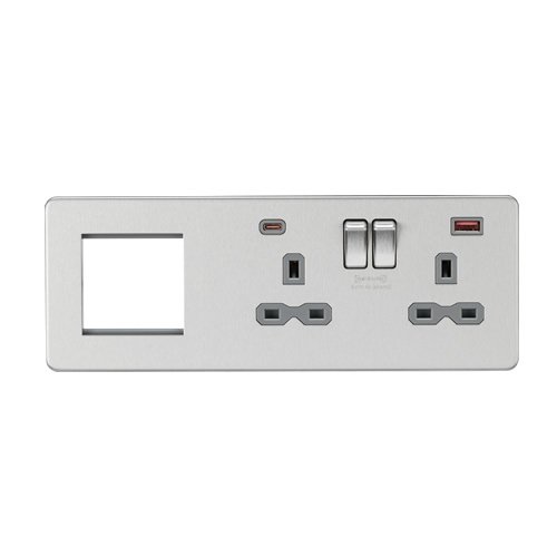 Knightsbridge Screwless Flat Plate Brushed Chrome 13A 2G DP Socket with USB Fastcharge + 2G Modular Combination Plate SFR992RBCG