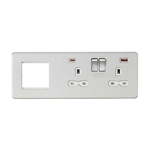Knightsbridge Screwless Flat Plate Brushed Chrome 13A 2G DP Socket with USB Fastcharge + 2G Modular Combination Plate SFR992RBCW