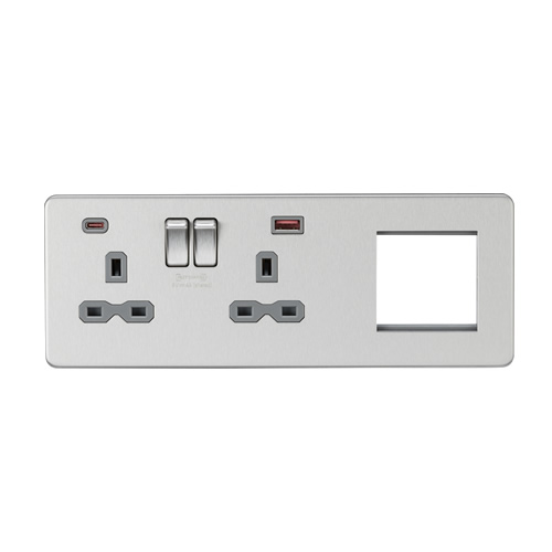 Knightsbridge Screwless Flat Plate Brushed Chrome 13A 2G DP Socket with USB Fastcharge + 2G Modular Combination Plate SFR992LBCG