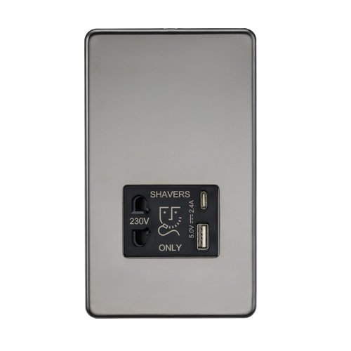 Knightsbridge Screwless Flat Plate Black Nickel 115/230V Dual Voltage Shaver Socket with Dual USB A+C SF8909BN