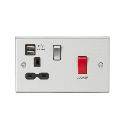 Knightsbridge Brushed Chrome 45A Double Pole Switch with Dual USB 13A Switched Socket with Neons CS8333UBC