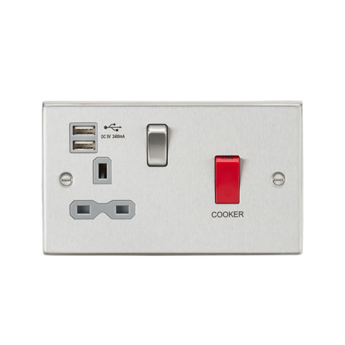 Knightsbridge Brushed Chrome 45A Double Pole Switch with Dual USB 13A Switched Socket with Neons CS8333UBCG
